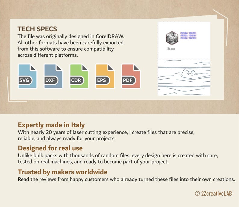May include: A graphic with the text "TECH SPECS" and file type icons: SVG, DXF, CDR, EPS, and PDF. The text describes the file's design origin and compatibility. Additional text highlights the product's Italian origin, design for real use, and trusted status.