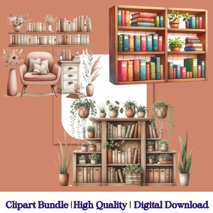 Pu&ograve; includere: Un pacchetto di clipart digitale con illustrazioni di librerie piene di libri, piante in vaso e una comoda poltrona. Le librerie sono in legno marrone caldo e le piante sono un mix di verde e marrone. La poltrona &egrave; rosa tenue con un cuscino bianco. Il clipart &egrave; perfetto per aggiungere un tocco di fascino casalingo ai tuoi progetti digitali.