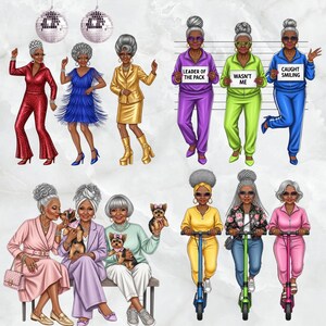 Puede incluir: Ilustraci&oacute;n digital de varias mujeres mayores con estilo en varias poses. Algunas bailan con atuendos vibrantes, otras sostienen carteles o montan en patinetes. La imagen incluye bolas de discoteca y un banco, creando un tema divertido y de moda.