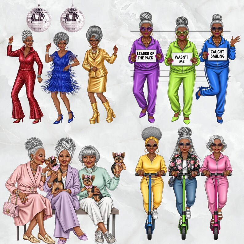 Puede incluir: Ilustraci&oacute;n digital de varias mujeres mayores con estilo en varias poses. Algunas bailan con atuendos vibrantes, otras sostienen carteles o montan en patinetes. La imagen incluye bolas de discoteca y un banco, creando un tema divertido y de moda.