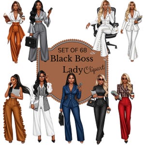 以下が含まれることがあります： 68点のBlack Boss Ladyのデジタルクリップアートセット。イラストは、電話、ブリーフケース、ノートなどを手に持った、スーツなどのビジネスウェアを着た女性を描いています。カラーパレットには、茶色、グレー、白、青の色合いが含まれています。
