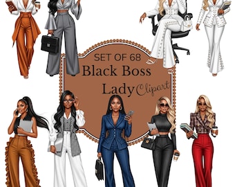 May include: Digital illustration featuring a set of 68 Black Boss Lady clip art images. The images depict women in business attire, including suits and professional outfits, holding phones, briefcases, and notebooks. The color palette includes shades of brown, gray, white, and blue.