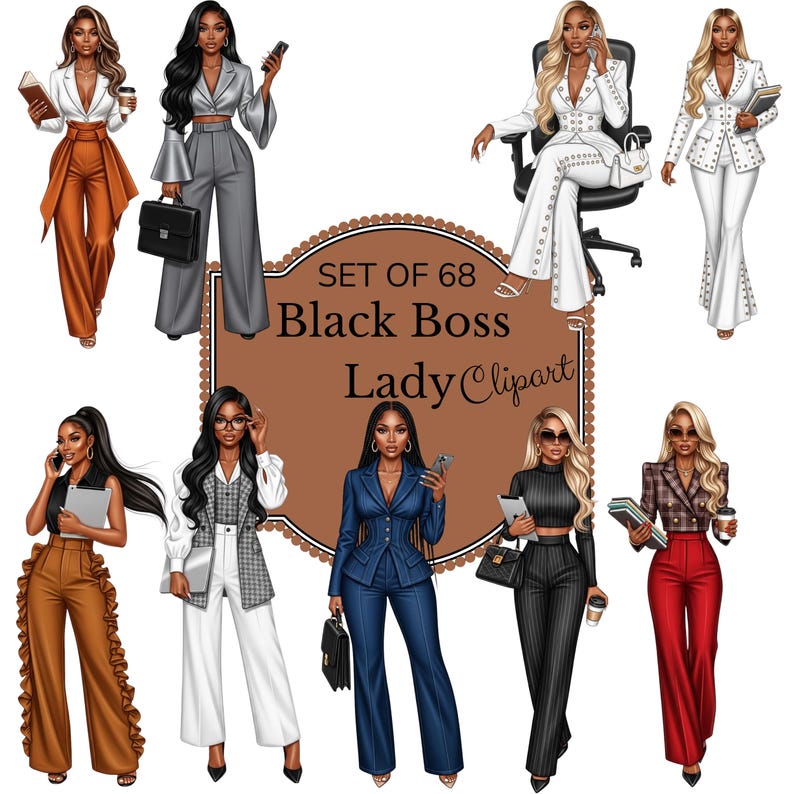 以下が含まれることがあります： 68点のBlack Boss Ladyのデジタルクリップアートセット。イラストは、電話、ブリーフケース、ノートなどを手に持った、スーツなどのビジネスウェアを着た女性を描いています。カラーパレットには、茶色、グレー、白、青の色合いが含まれています。