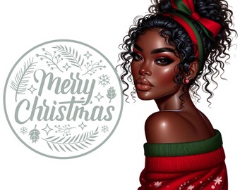 Black Girl Christmas Clipart: African American Woman PNG, Holiday Illustration (Digital Download)