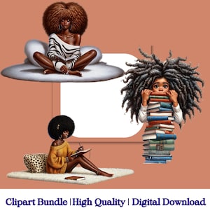 Pu&ograve; includere: Un pacchetto di clipart digitale con tre illustrazioni di donne nere. Una donna &egrave; seduta su una nuvola, un'altra sta scrivendo su un diario e la terza sta tenendo un mucchio di libri.
