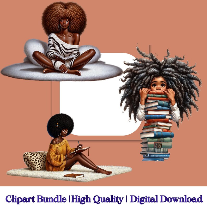 Pu&ograve; includere: Un pacchetto di clipart digitale con tre illustrazioni di donne nere. Una donna &egrave; seduta su una nuvola, un'altra sta scrivendo su un diario e la terza sta tenendo un mucchio di libri.
