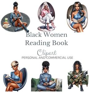 Clipart di donne nere che leggono: PNG amante dei libri (download digitale)