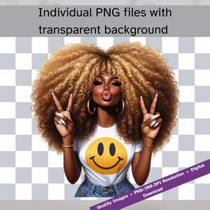 Puede incluir: Ilustraci&oacute;n digital de una mujer con voluminoso cabello rubio rizado, que lleva una camiseta blanca con una carita sonriente amarilla. Est&aacute; haciendo el signo de la paz con ambas manos y lleva pendientes de aro dorados. El texto: "Individual PNG files with transparent background."