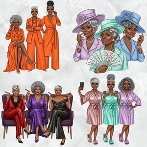 Puede incluir: Ilustraciones digitales de mujeres mayores elegantes con varios atuendos. Las im&aacute;genes muestran mujeres con trajes naranja vibrantes, sombreros elegantes y batas lujosas. Algunas sostienen cigarros, bebidas o un abanico, mientras que otras posan para una selfie.