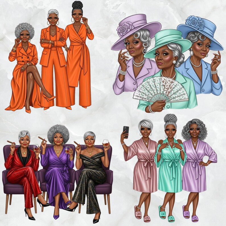 Puede incluir: Ilustraciones digitales de mujeres mayores elegantes con varios atuendos. Las im&aacute;genes muestran mujeres con trajes naranja vibrantes, sombreros elegantes y batas lujosas. Algunas sostienen cigarros, bebidas o un abanico, mientras que otras posan para una selfie.