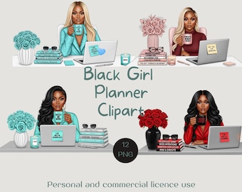 Black Woman Planner Clipart, Desk Scene PNG Bundle (Digital Download)