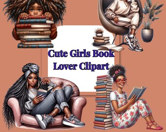 Clipart de mujer negra amante de los libros: Lectura acogedora PNG (Descarga digital)
