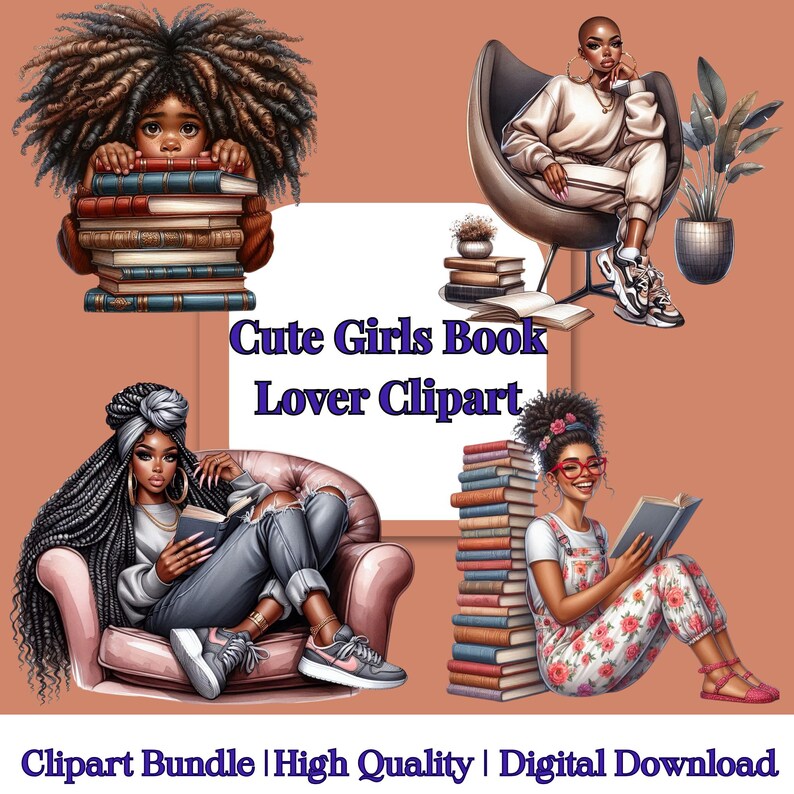 Pu&ograve; includere: Pacchetto di clipart digitale con quattro illustrazioni di donne nere che leggono libri. Le illustrazioni sono in stile cartone animato e presentano una variet&agrave; di pose ed espressioni. Il testo "Cute Girls Book Lover Clipart" &egrave; visualizzato al centro dell'immagine.