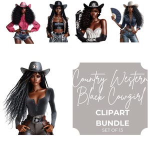 Black Cowgirl Clipart Bundle: Western PNG Illustrations (Digital Download)