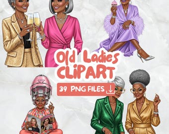 Black Grandma Clipart Bundle: Funny Old Lady PNG Images (Digital Download)