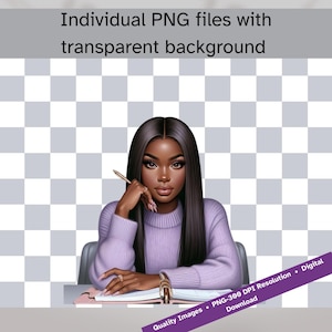 May include: A digital illustration of a woman with long black hair sitting at a desk with a purple sweater, a gold ring, and a pen in her hand. She is looking at a notebook with a gold ring on the cover.