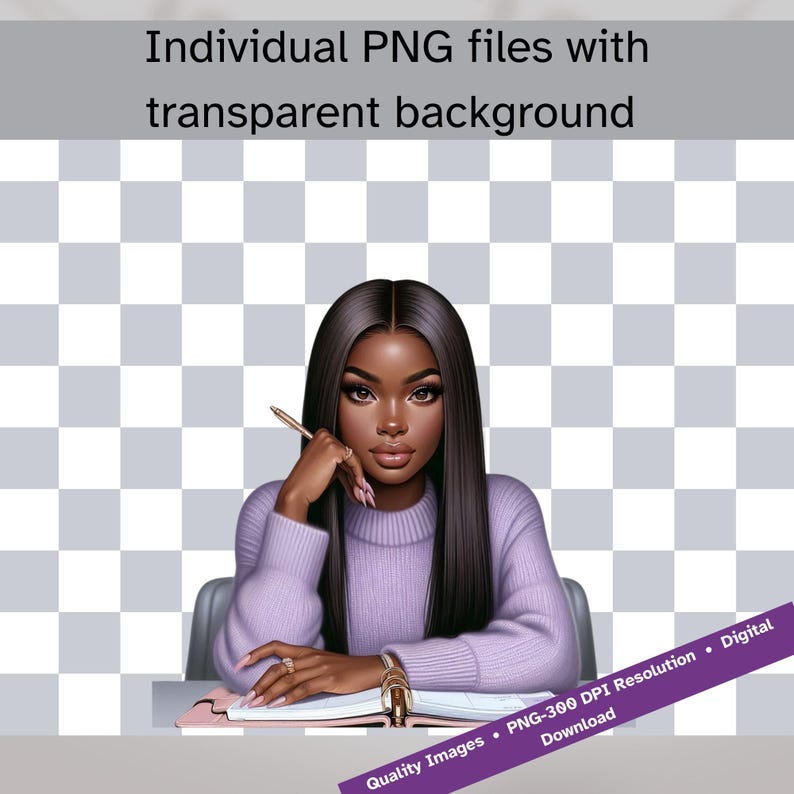May include: A digital illustration of a woman with long black hair sitting at a desk with a purple sweater, a gold ring, and a pen in her hand. She is looking at a notebook with a gold ring on the cover.