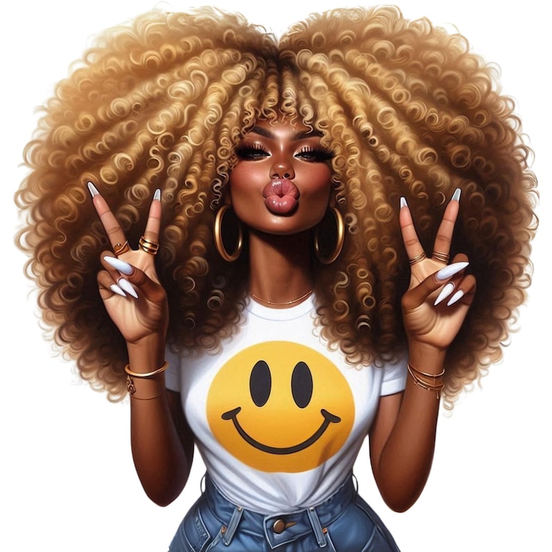 Puede incluir: Ilustraci&oacute;n de una mujer con cabello rubio rizado y voluminoso, que lleva una camiseta blanca con una carita sonriente amarilla. Lleva pendientes de aro dorados, pulseras y anillos, y hace el signo de la paz con los dedos. Sus labios est&aacute;n fruncidos en un beso.