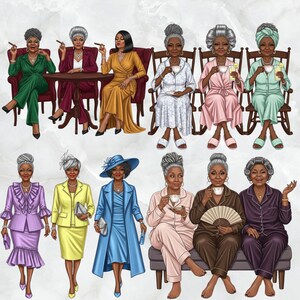 Puede incluir: Ilustraciones de mujeres mayores con estilo en varios atuendos y escenarios. Algunas fuman cigarros, otras disfrutan del t&eacute; y otras visten ropa elegante. La paleta de colores incluye verde, burdeos, amarillo, azul y morado.