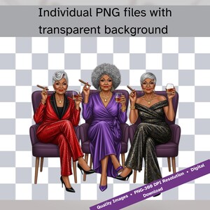 Puede incluir: Ilustraci&oacute;n digital de tres mujeres elegantes, sentadas en sillas moradas, cada una sosteniendo un cigarro y un vaso de whisky. Las mujeres visten un traje rojo, un vestido morado y un atuendo negro con lentejuelas. La imagen incluye el texto: "Individual PNG files with transparent background."