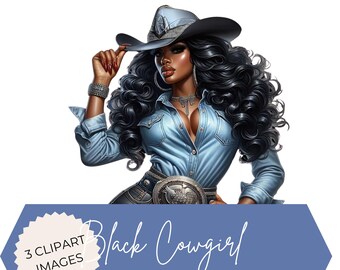 May include: A digital illustration of a Black woman wearing a blue denim shirt, a cowboy hat, and a belt with a silver buckle. She has long, curly black hair and is looking to the side. The image is labeled "Black Cowgirl Clipart".