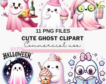 Paquete de imágenes prediseñadas de fantasmas kawaii: PNG pastel de Halloween (descarga digital)