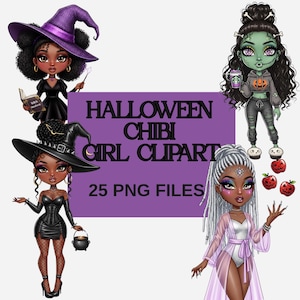 Halloween Black Chibi Girl Clipart, Digital PNG Art, Chibi Girl, Spooky Clipart for Crafts, Cute Halloween Designs, Clipart for Fun Craft