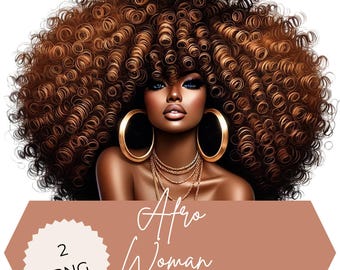 Black Woman Portrait Clip Art: Afro Hairstyle, Gold Jewelry (PNG Digital Download)