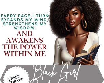 Clipart de mujer negra leyendo: Paquete PNG de amante de los libros (descarga digital)