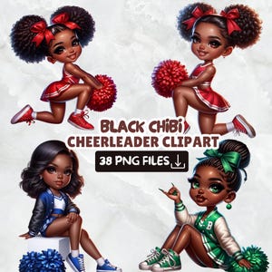 Black Chibi Cheerleader Clipart: PNG Bundle (Digital Download)