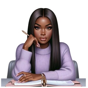 May include: A woman with long black hair is sitting at a desk with a planner open in front of her. She is wearing a light purple sweater and has a pen in her hand.