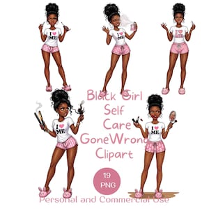 May include: Digital clipart featuring a Black girl in various self-care scenarios, wearing a white t-shirt with "I ❤️ ME" and pink shorts. The image includes text: "Black Girl Self Care Gone Wrong Clipart".