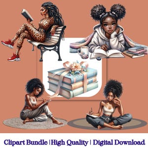 Pu&ograve; includere: Un pacchetto di clipart digitale con quattro illustrazioni di donne nere che leggono e scrivono. Le illustrazioni sono in stile cartone animato e presentano una variet&agrave; di pose ed espressioni. Il pacchetto include una donna seduta su una panchina che legge un libro, una donna seduta su un tappeto che scrive su un quaderno, una donna seduta su un tappeto che legge un libro e una donna sdraiata su una coperta che legge un libro. Il pacchetto include anche una pila di libri con un nastro e un fiore in cima.