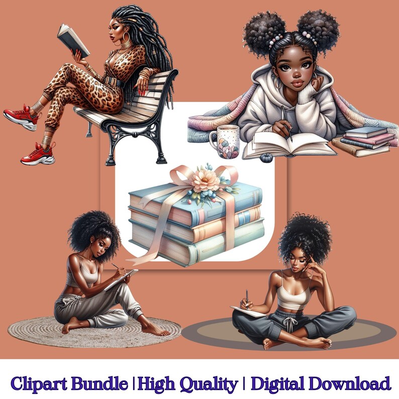 Pu&ograve; includere: Un pacchetto di clipart digitale con quattro illustrazioni di donne nere che leggono e scrivono. Le illustrazioni sono in stile cartone animato e presentano una variet&agrave; di pose ed espressioni. Il pacchetto include una donna seduta su una panchina che legge un libro, una donna seduta su un tappeto che scrive su un quaderno, una donna seduta su un tappeto che legge un libro e una donna sdraiata su una coperta che legge un libro. Il pacchetto include anche una pila di libri con un nastro e un fiore in cima.