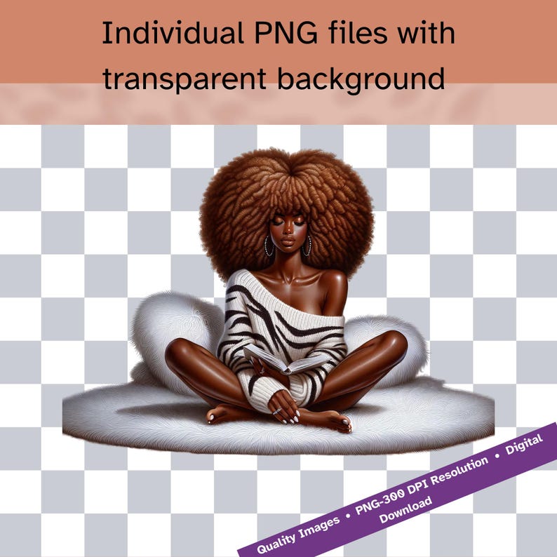 Clipart di una donna nera amante dei libri: lettura accogliente PNG (download digitale) immagine 6