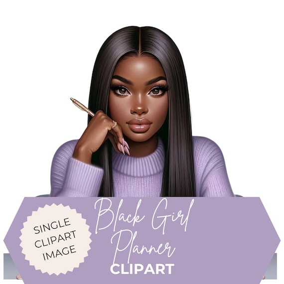 Black Woman Planner Clipart: Digital PNG for Journaling