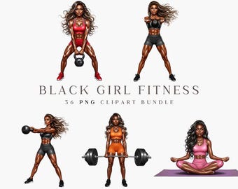 Black Woman Fitness Clipart, Gym Art PNG (Digital Download)
