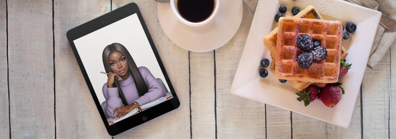 May include: A digital tablet displaying a drawing of a woman with long black hair, wearing a purple shirt and looking at a pencil. The tablet is on a light wood surface.