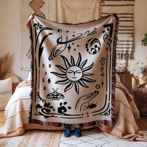 Cobertor Celestial Tecido - Design de Carta de Tarô Estrelado com Noite Romântica, Presente para Amantes da Arte, Decoração Aconchegante de Algodão, Tema Místico, Decoração de Interiores Única
