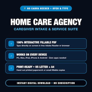 Peut inclure: Une suite de documents numériques intitulée HOME CARE AGENCY CAREGIVER INTAKE & SERVICE SUITE. Comprend un PDF interactif remplissable, compatible avec tous les appareils, formats US Letter et A4. Texte inclus : NO CANVA NEEDED, OPEN & TYPE.