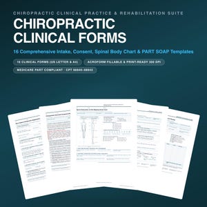 Peut inclure: Un ensemble numérique de 16 formulaires cliniques chiropratiques incluant des modèles d'admission, de consentement, de diagrammes corporels spinaux et de notes SOAP PART. Formats US Letter et A4, remplissables et prêts à imprimer en 300 DPI.