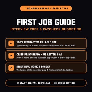 Op de afbeelding: Een digitale gids voor de eerste baan met interviewvoorbereiding en budgettering. De zwarte afbeelding met oranje accenten bevat de tekst: 100% Interactive Fillable PDF, Crisp Print-Ready US Letter & A4, en Interview, Work & Payday.