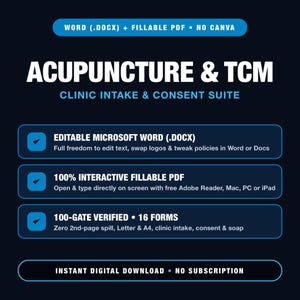 Acupuncture Clinic Forms Bundle, TCM Intake, Cupping Consent, Soap Notes, Meridian Chart, Word DOCX & Fillable PDF Templates