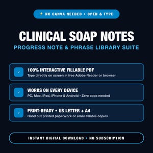 SOAP Note Template & Progress Note Phrase Library, Dap Birp Mental Health Clinical Documentation Toolkit, Counselor Fillable PDF Templates