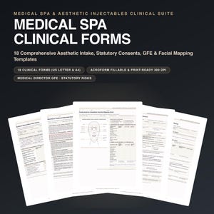 May include: A collection of 18 medical spa and aesthetic clinical forms, including intake, consent, GFE, and facial mapping templates. The documents are available in US Letter and A4 sizes, featuring fillable Acroform and print-ready 300 DPI files.