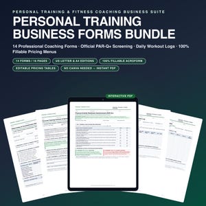 Paket med personliga träningsformulär, kontrakt för fitnesscoach, PAR-Q-intag, klientens träningslogg, kroppsmätningsspårare, faktura i PDF-format