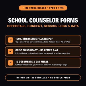 Peut inclure: Un ensemble de documents numériques intitulé School Counselor Forms: Referrals, Consent, Session Logs & Data. Il comprend des PDF interactifs remplissables, des formats US Letter et A4, 19 documents, 984 champs et un en-tête modifiable.