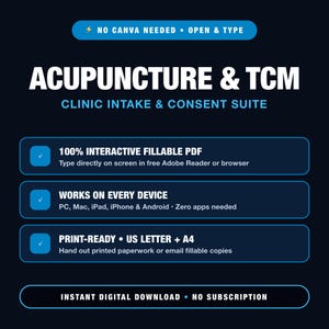 Puede incluir: Una suite de documentos digitales titulada Acupuncture & TCM Clinic Intake & Consent Suite sobre fondo oscuro. Incluye un PDF interactivo rellenable, compatibilidad con todos los dispositivos y formatos A4 y US Letter listos para imprimir.