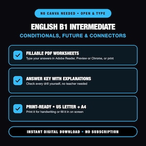 Puede incluir: Un recurso educativo digital titulado English B1 Intermediate Conditionals, Future & Connectors. Incluye hojas de trabajo PDF rellenables, una clave de respuestas con explicaciones y archivos listos para imprimir en tamaños US Letter y A4.