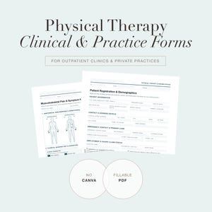 Puede incluir: Formularios clínicos y de práctica de fisioterapia para clínicas ambulatorias y consultas privadas. Dos documentos blancos con texto negro, incluyendo registro de pacientes y mapeo de dolor. No Canva, Fillable PDF.